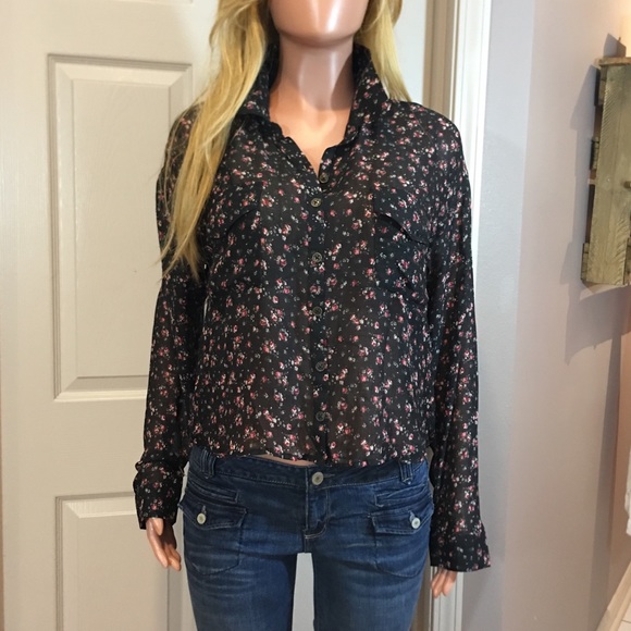 wild fable Tops - Black floral semi sheer button up top